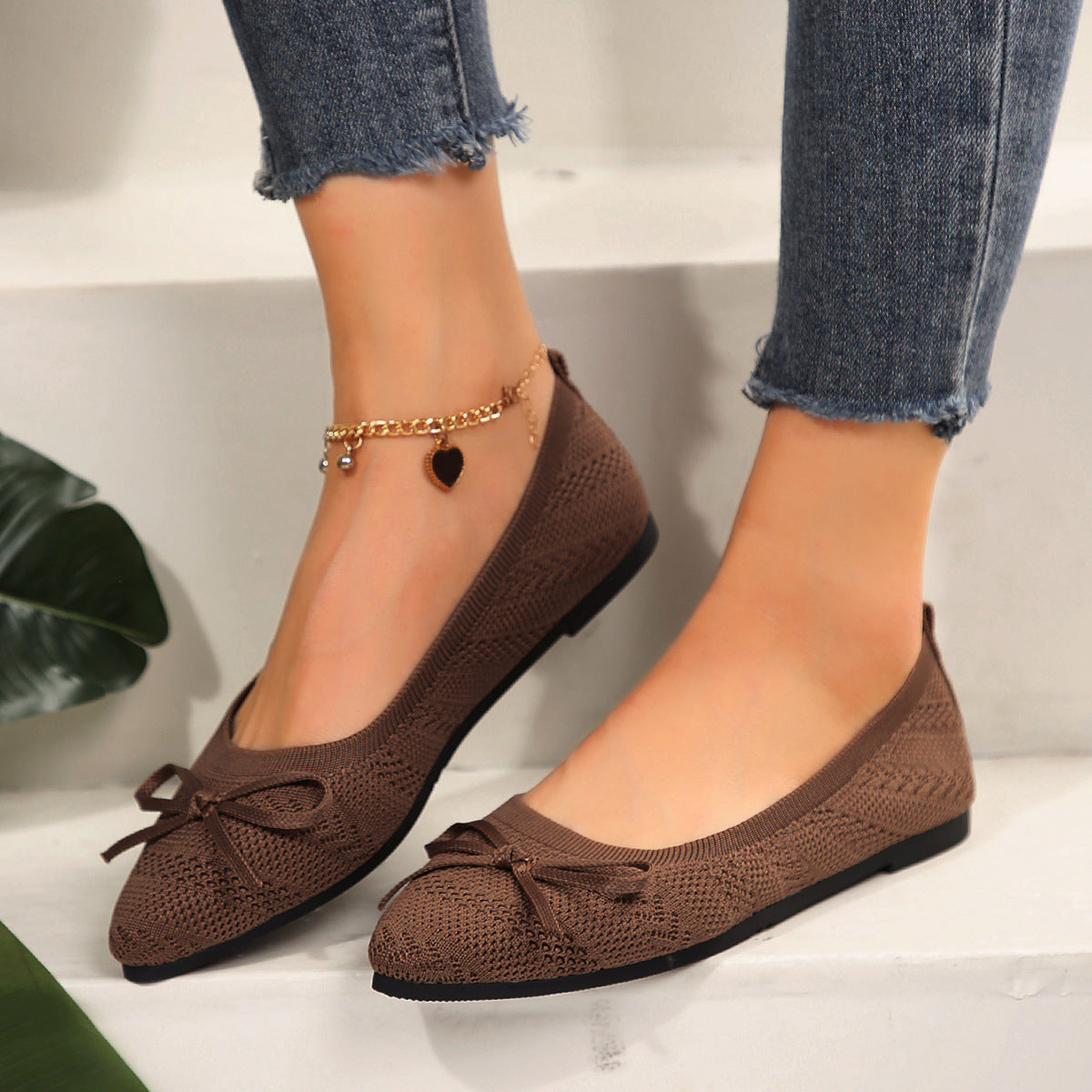Bow Knitted Loafers Ins Fashion Pointed-toed Flats Shoes For Women 