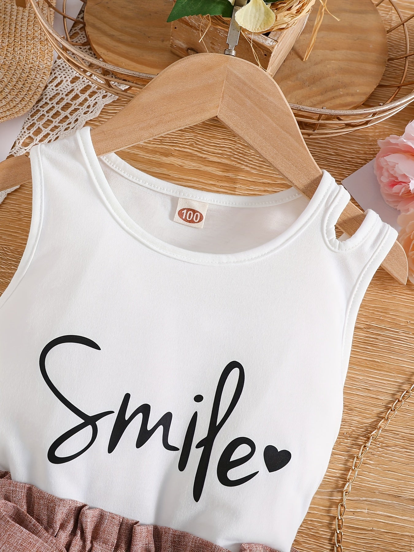 2pcs Toddler Girls Letter "Smile" And Heart Graphic Cut Out Tank Top & Paperbag Waist Belted Shorts Set Kids Summer Clothes