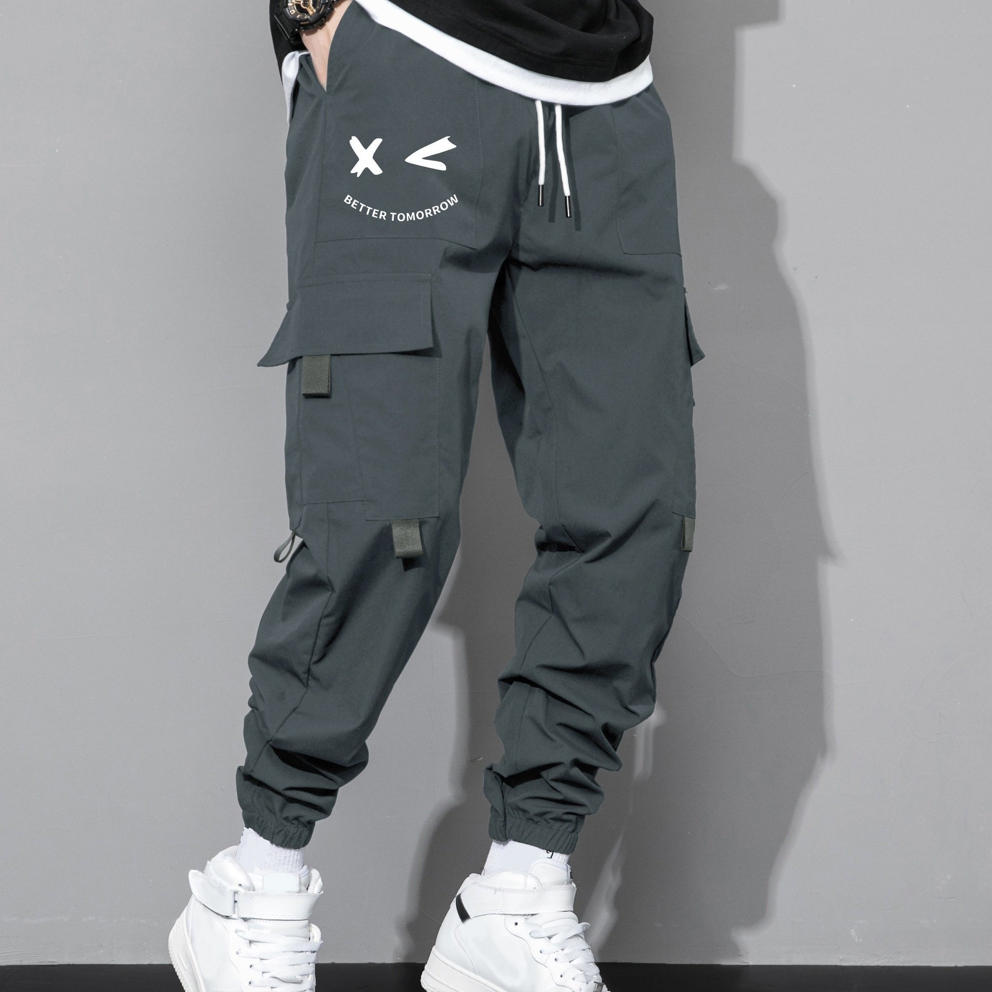 Mens Fashion-Forward Solid Cargo Pants - Abundant Flap Pockets, Loose Fit Drawstring Trousers - Durable Outdoor Work to Streetwear Hip Hop Style