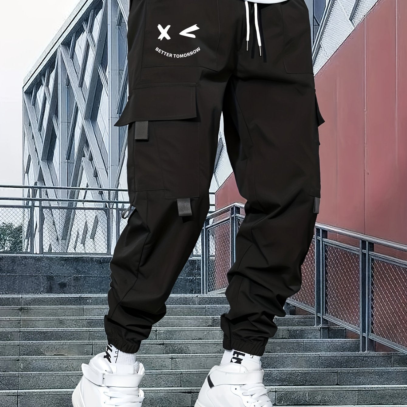 Mens Fashion-Forward Solid Cargo Pants - Abundant Flap Pockets, Loose Fit Drawstring Trousers - Durable Outdoor Work to Streetwear Hip Hop Style