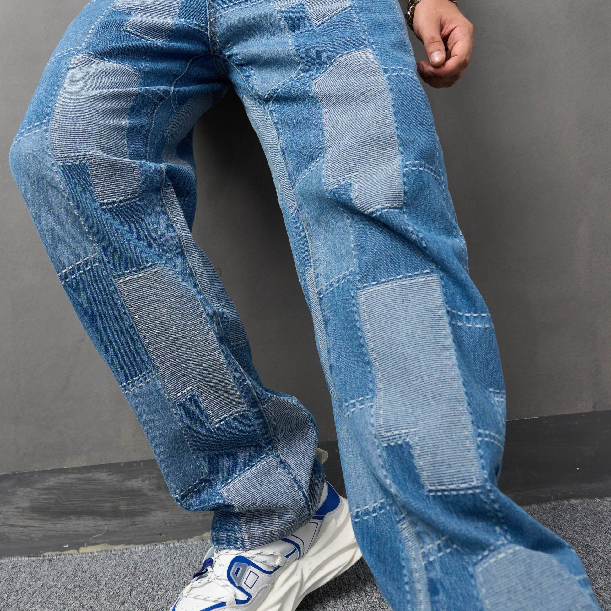 Mens Trendy Patchwork Denim Jeans - Stylish Streetwear Loose Wide-Leg Pants for Hip Hop Fans - Comfortable Denim Fabric with a Fashion-Forward Look