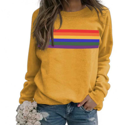 Color Striped Print Round Neck Pullover Long Sleeve Sweater 