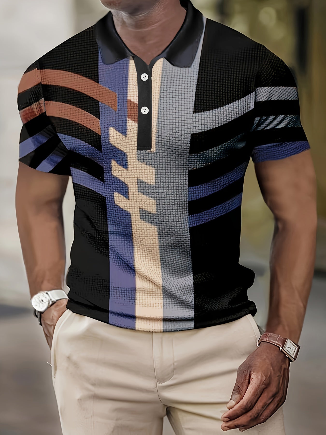 1/4 Button Short Sleeve Lapel Shirt - Stretchy, Breathable, Striped Polyester Fabric for Mens Fitness Training and Casual Wear - Spring/Fall Season, Regular Fit, Knit Fabric