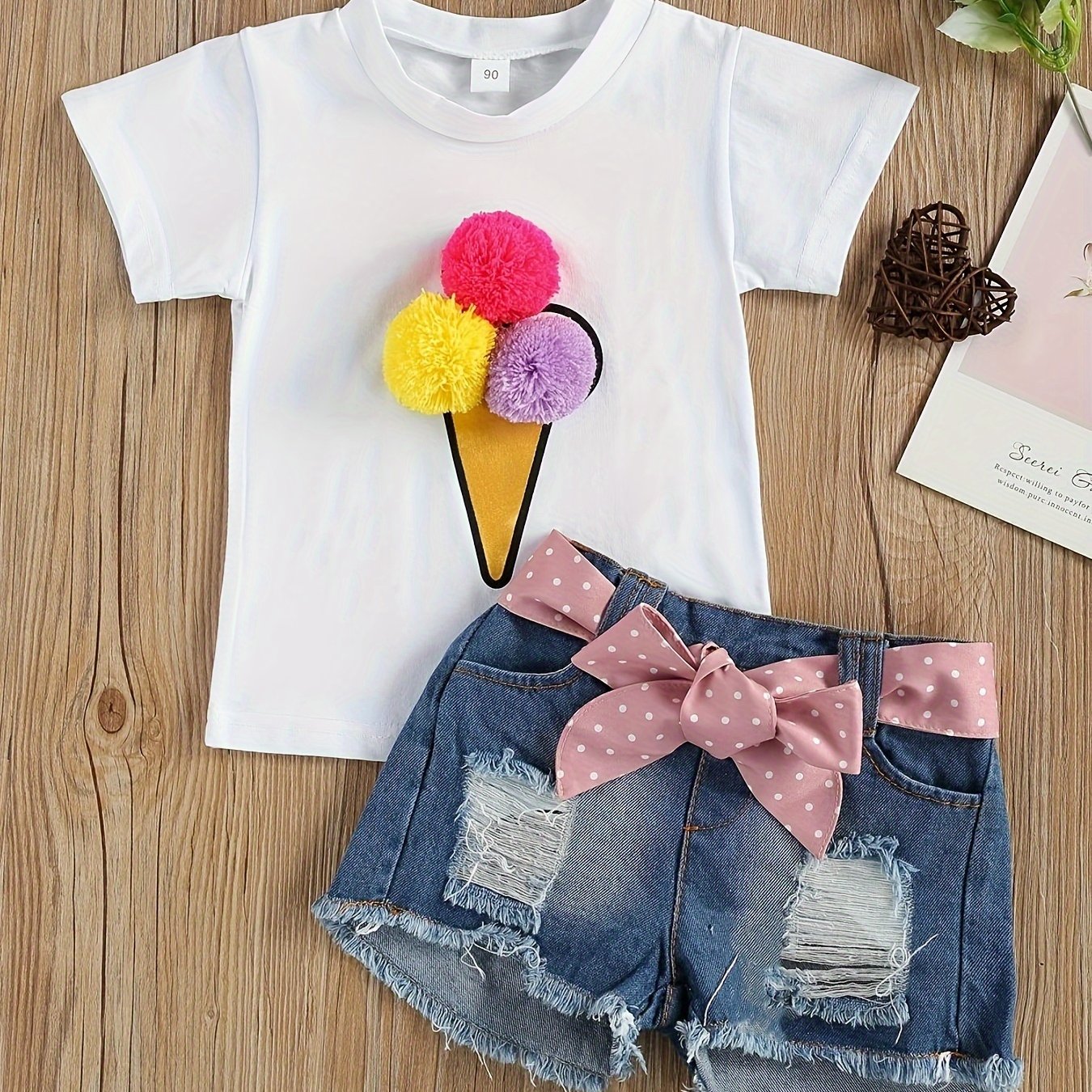 2pcs Cute Pom Pom Denim Shorts Set, Girls' Ince Cream Decor T-shirt & Outdoor Clothes