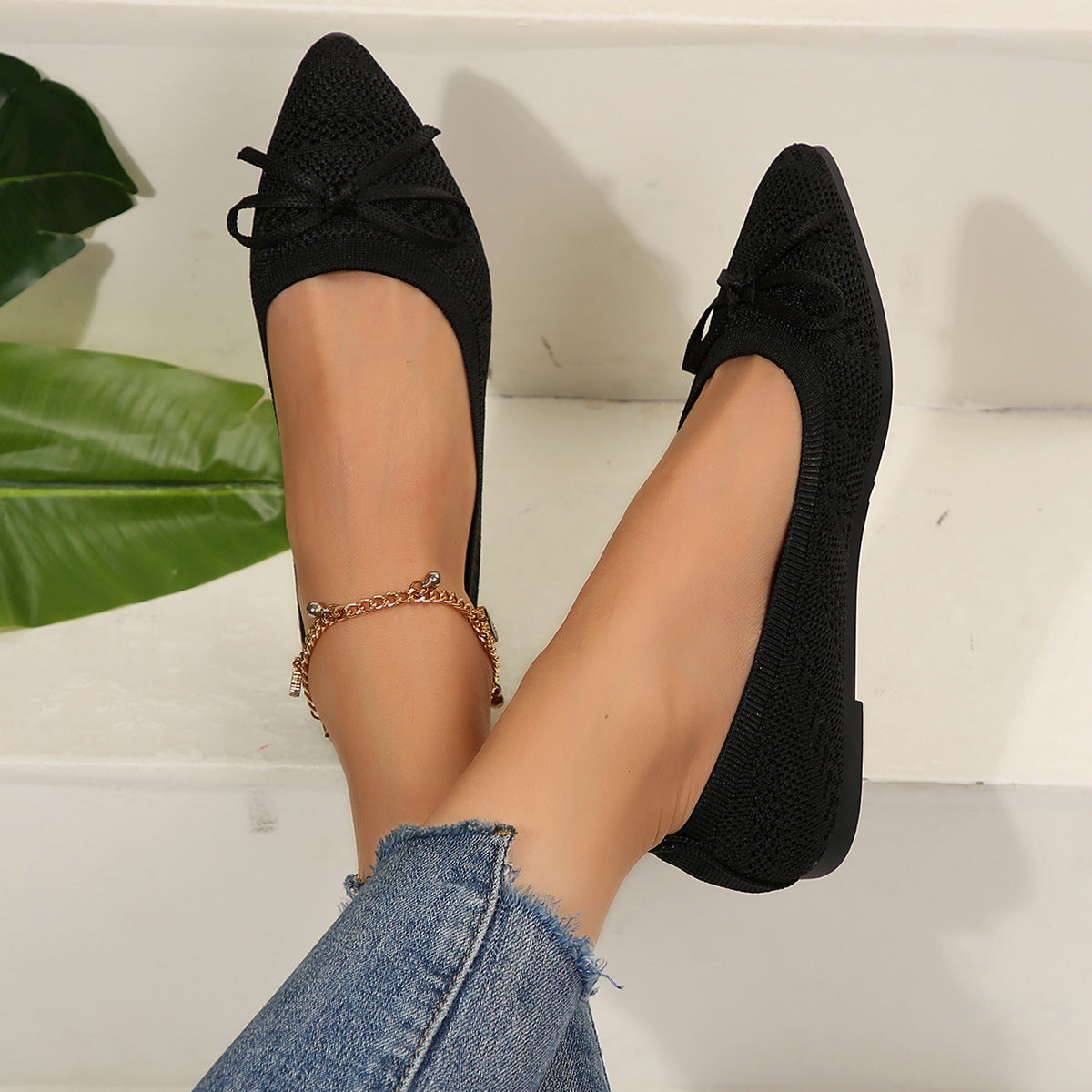 Bow Knitted Loafers Ins Fashion Pointed-toed Flats Shoes For Women 