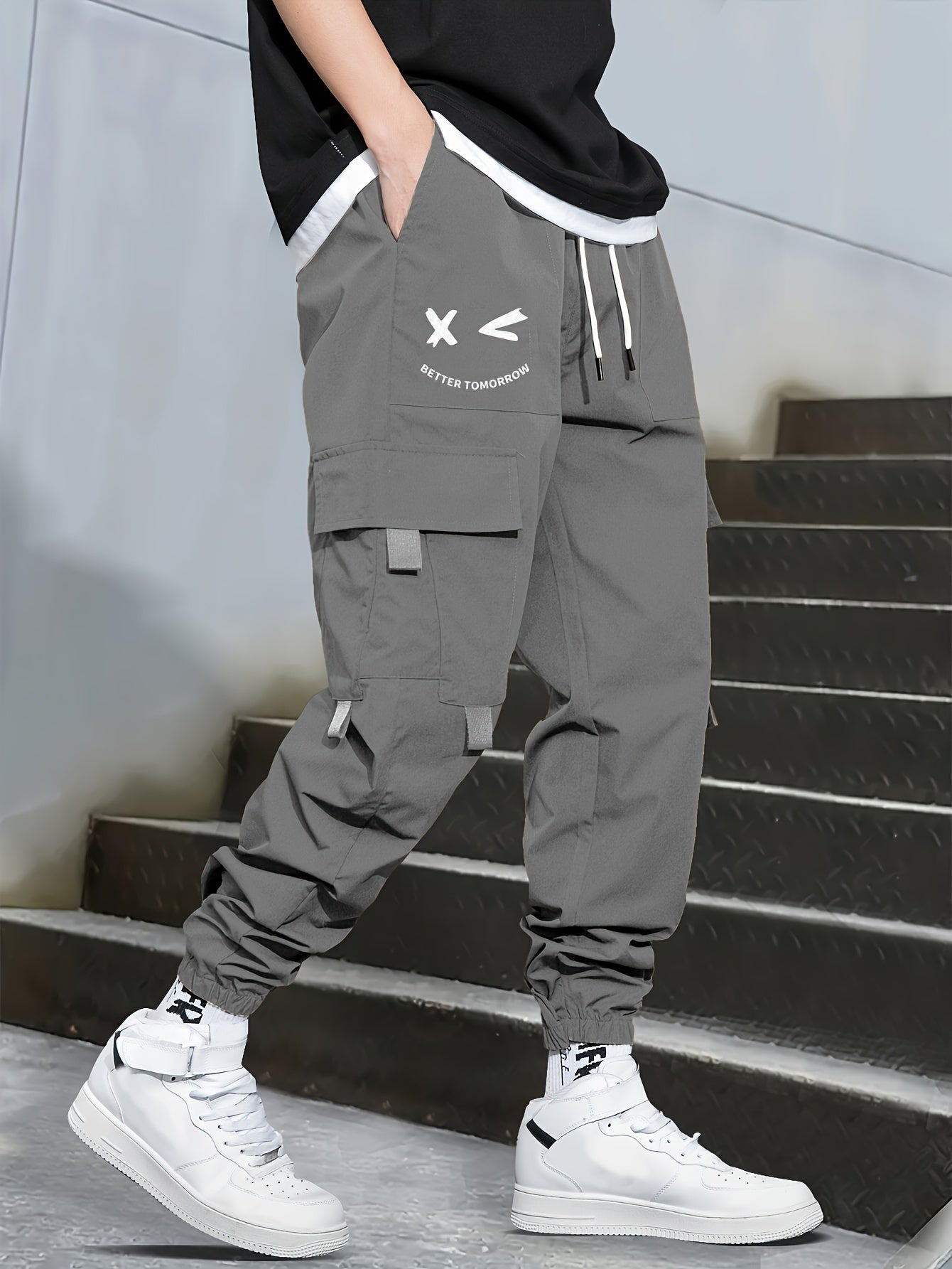 Mens Fashion-Forward Solid Cargo Pants - Abundant Flap Pockets, Loose Fit Drawstring Trousers - Durable Outdoor Work to Streetwear Hip Hop Style