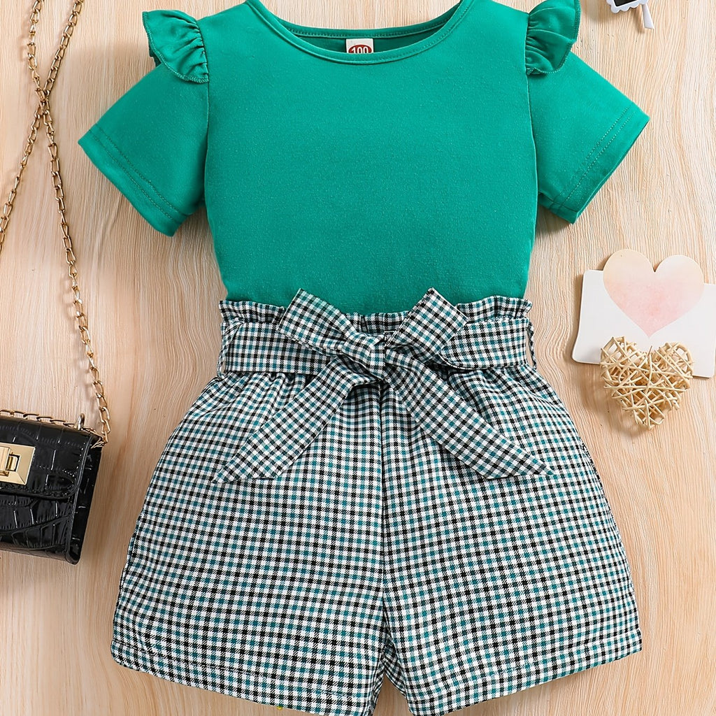 2pcs Girls Round Neck T-Shirt Ruffles Short Sleeves Tee Tops & Belted Plaid Shorts Set Summer Clothes