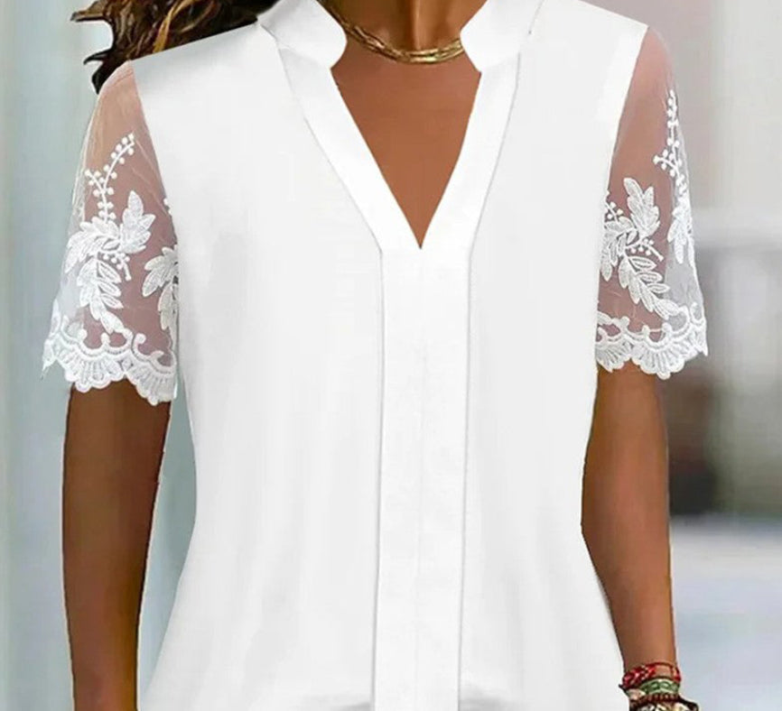 Womens Casual White V-Neck Lace Short-Sleeve Top 