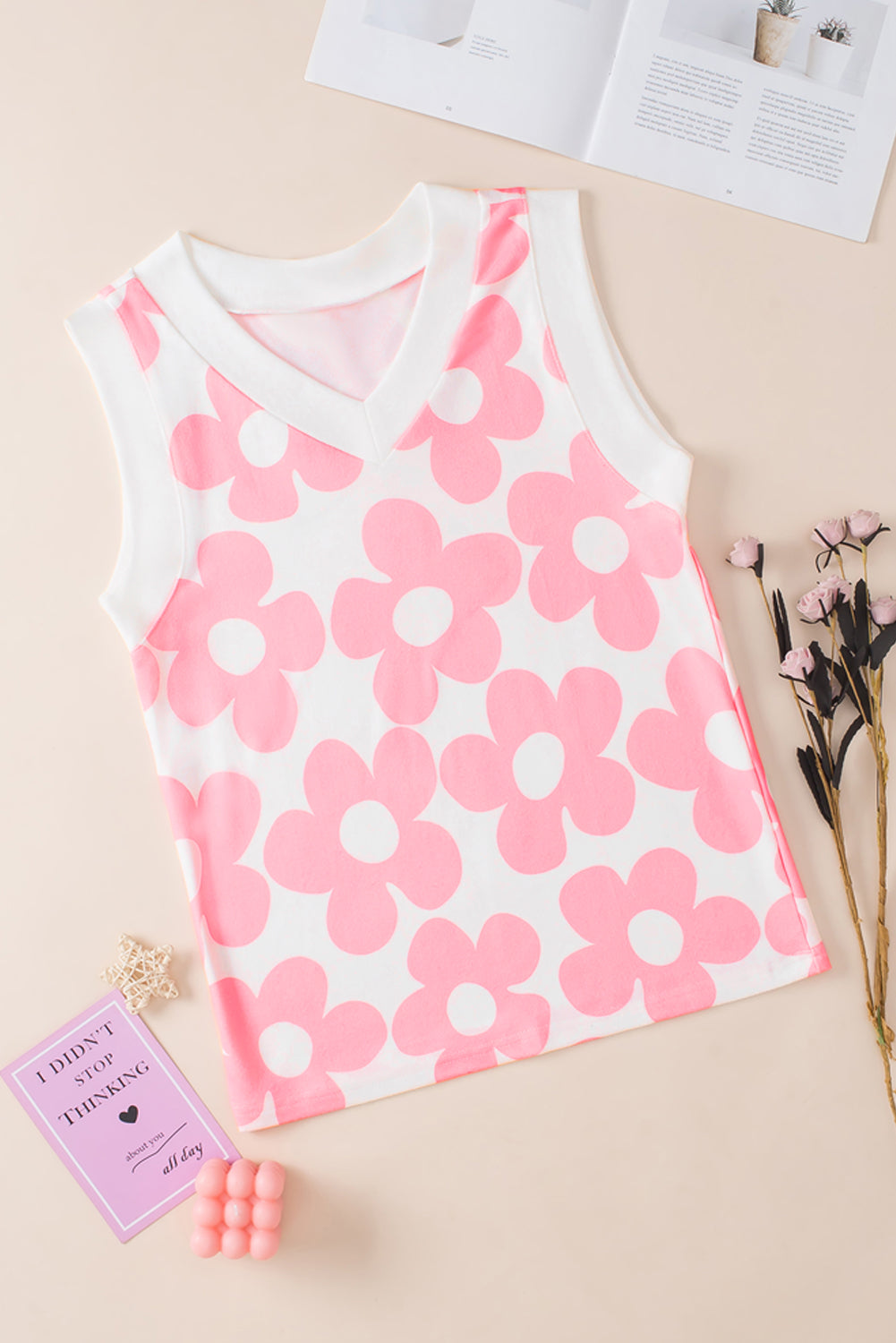 Pink 60s Floral Print V Neck Contrast Trim Knitted Vest 