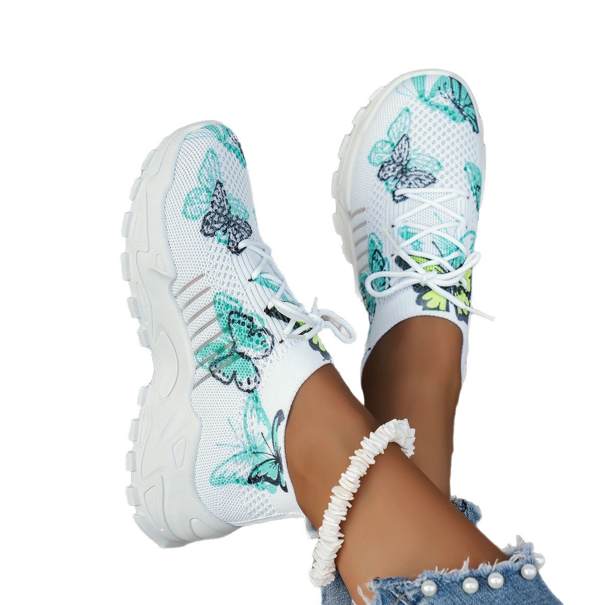 Butterfly Print Mesh Sneakers Women's Flat Heel Casual Shoes Fashion Running Jogging Walking Sports Shoes 