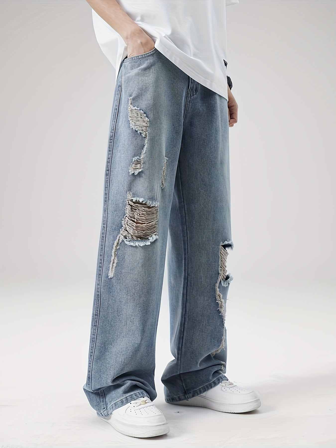 Mens Loose Fit Distressed Wide Leg Denim Jeans - Vintage Ripped Street Style Pants with Zipper, Non-Stretch Fabric, and Hand Wash Only - Perfect for Hip-Hop Fashion and All-Season Wear