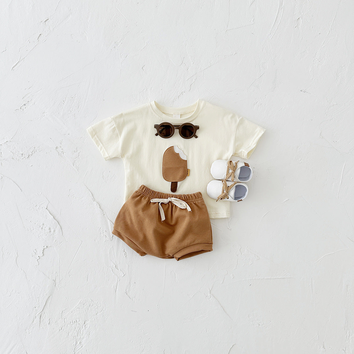 Girls' Casual Round Neck Cotton Ice Cream Patch Short Sleeve Shorts Suit 