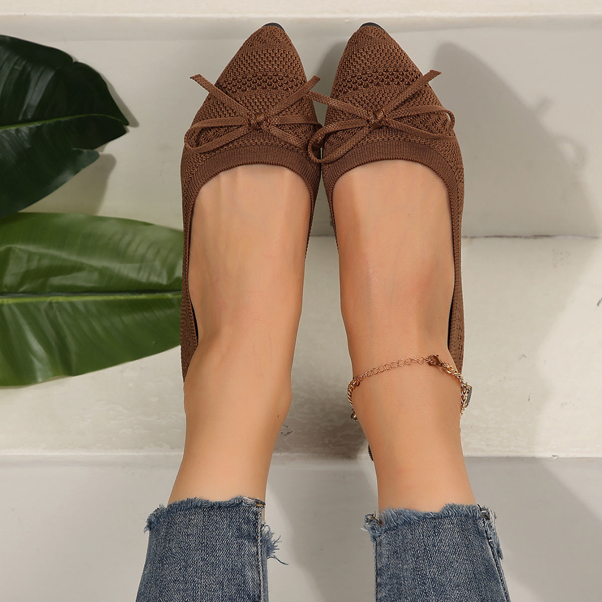 Bow Knitted Loafers Ins Fashion Pointed-toed Flats Shoes For Women 