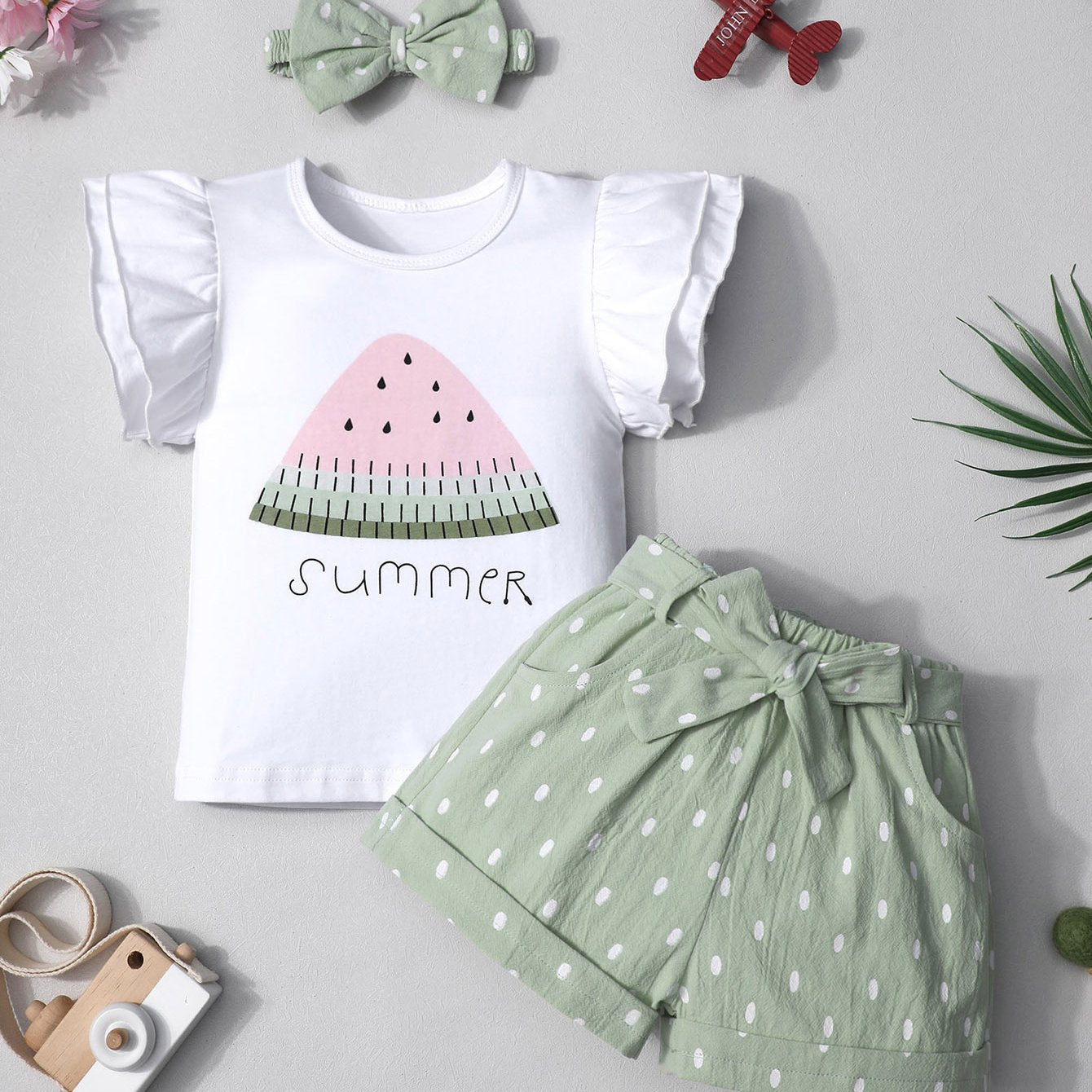 3pcs Watermelon Print Girls Outdoor Clothes Set: Short Sleeve T-shirt, Elastic Waist Polka Dot Print Shorts & Headband