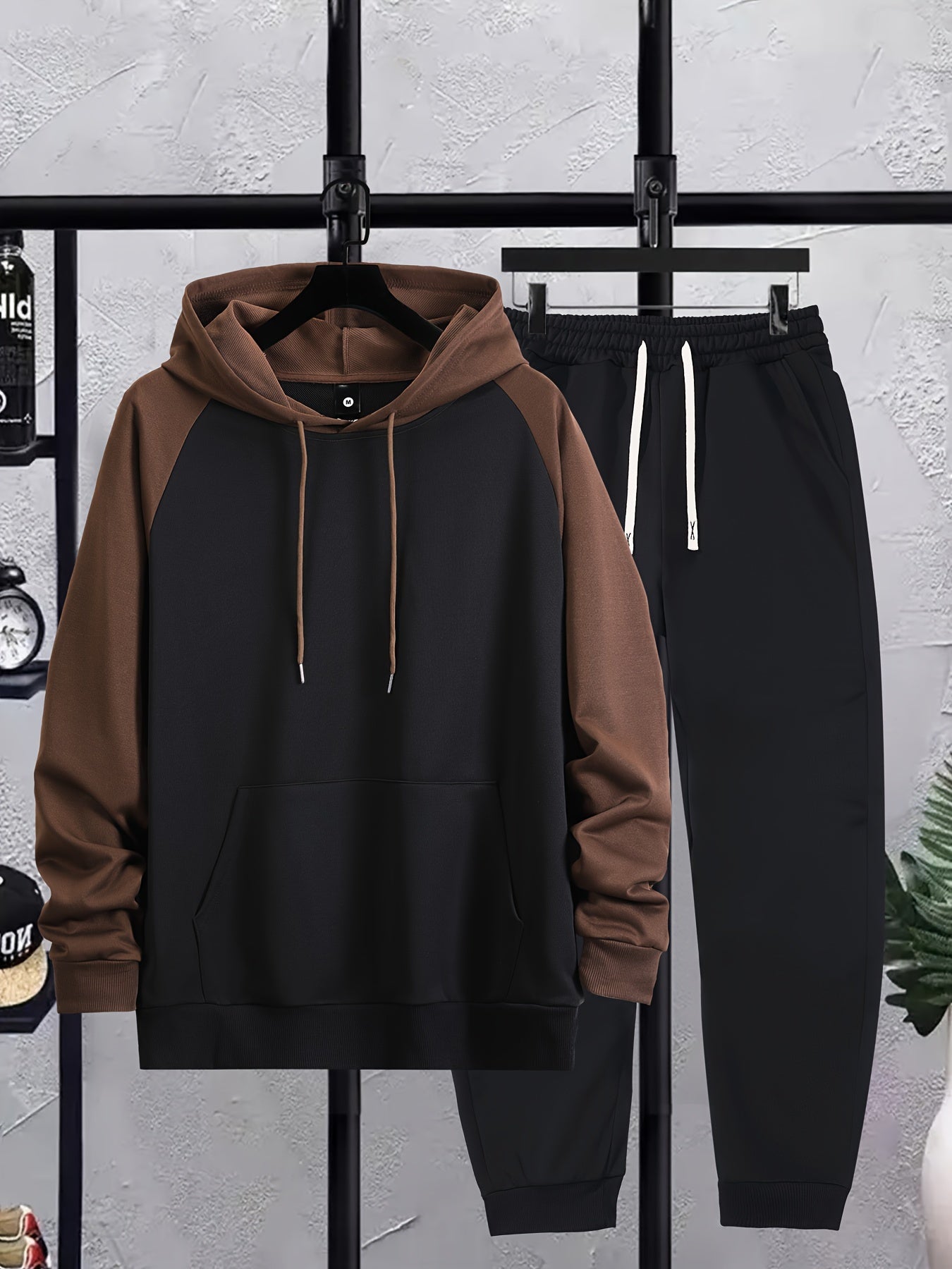 Autumn and Winter Shoulder Insert Men's Hoodie Casual Suit with Patchwork Color Craft, Regular Long Sleeve Hoodie and Drawstring Sports Trousers Two-piece Set