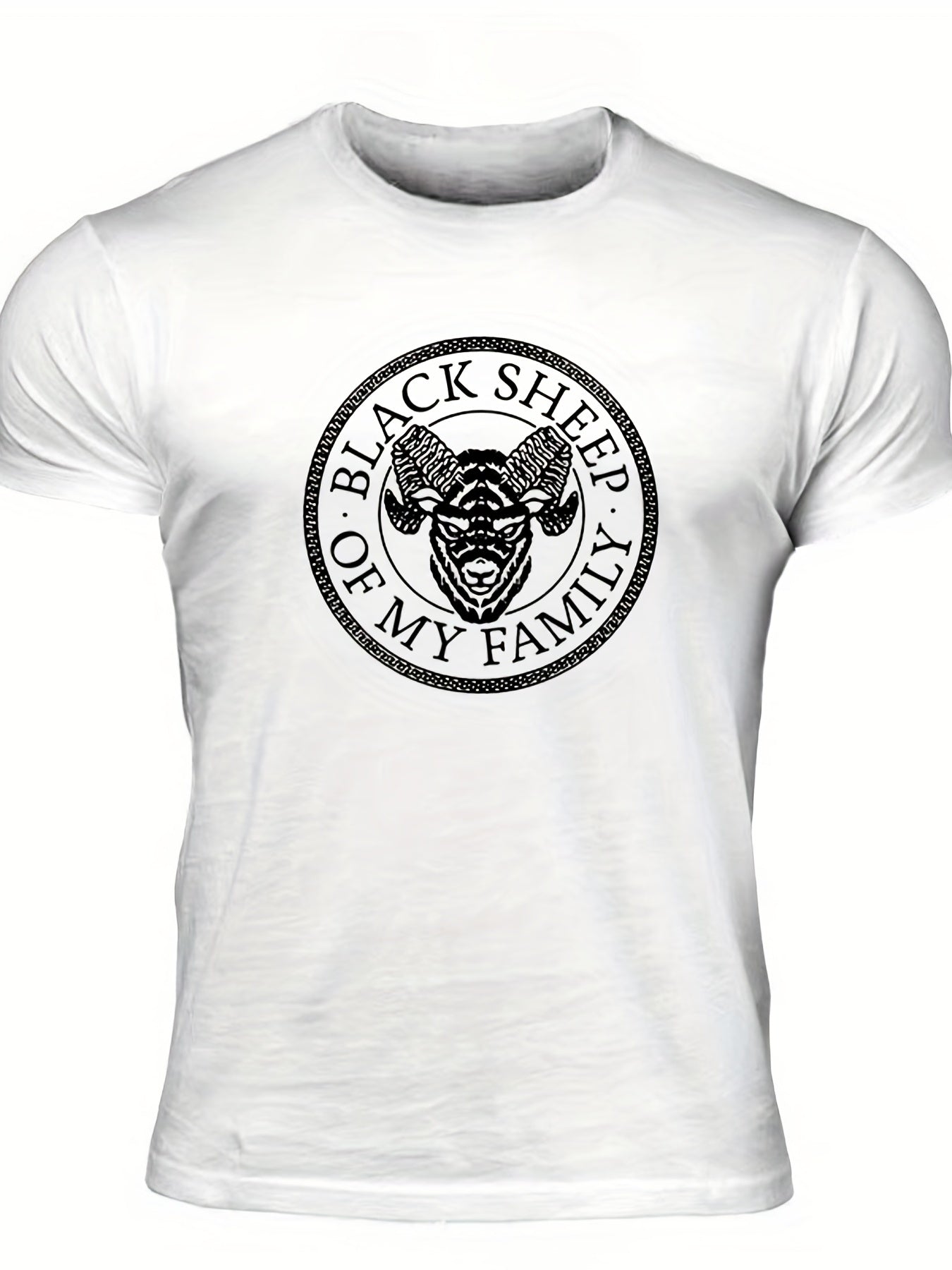 "Black Sheep Of My Family", Men's Sheep Graphic T-shirt, Casual Comfy Slightly Stretch Crew Neck Tee, Men's Clothing For Summer Outdoor