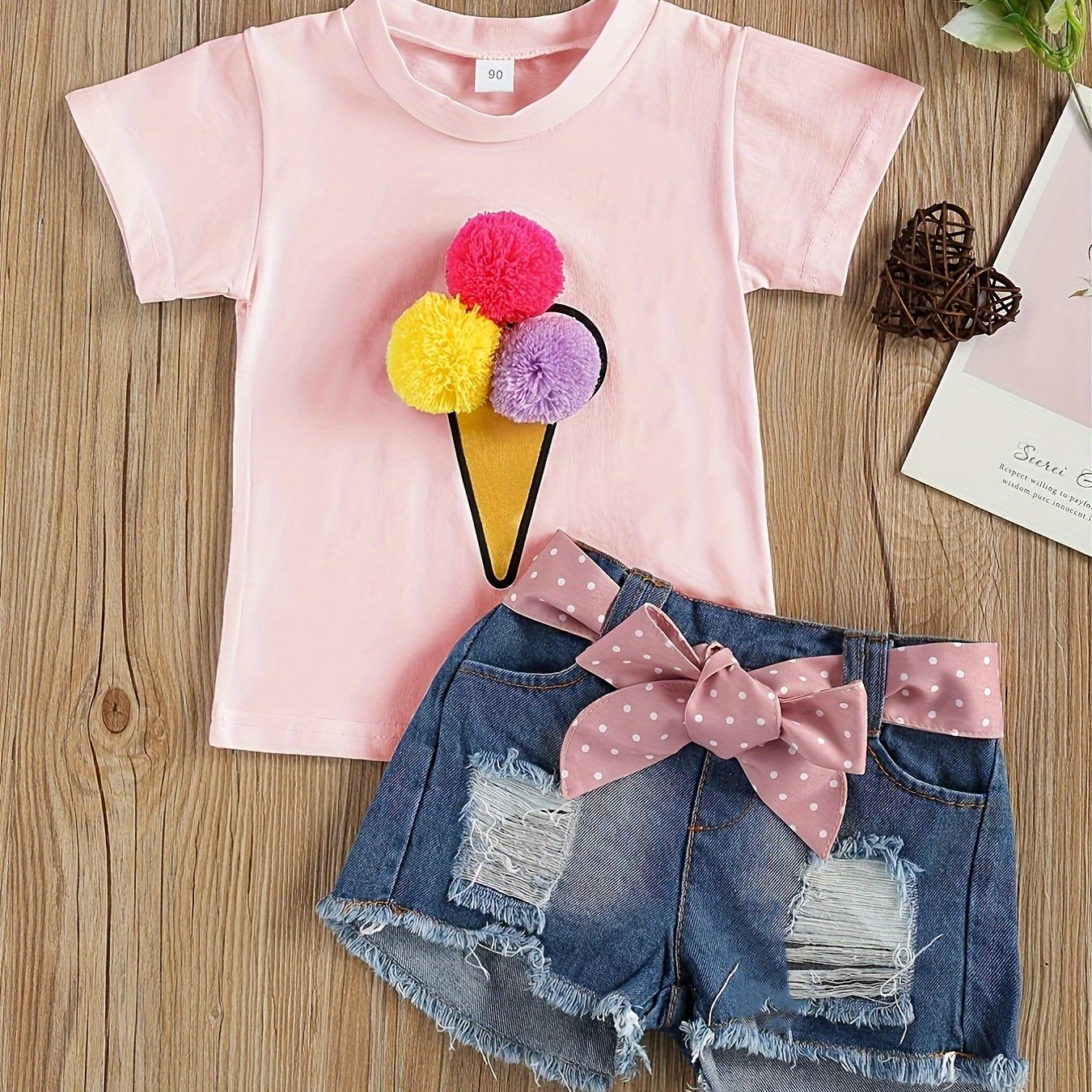 2pcs Cute Pom Pom Denim Shorts Set, Girls' Ince Cream Decor T-shirt & Outdoor Clothes
