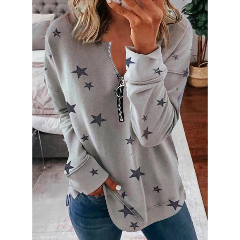 Star Print Long Sleeve Pullover Women's Sweatshirt 