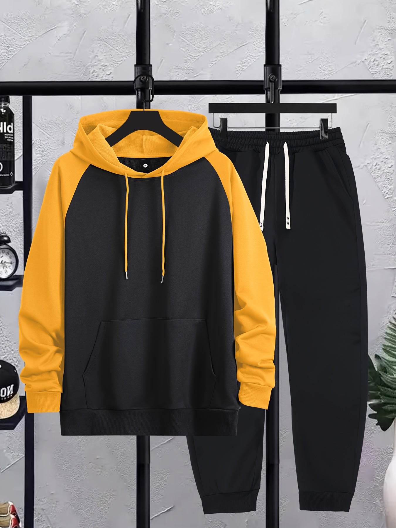Autumn and Winter Shoulder Insert Men's Hoodie Casual Suit with Patchwork Color Craft, Regular Long Sleeve Hoodie and Drawstring Sports Trousers Two-piece Set