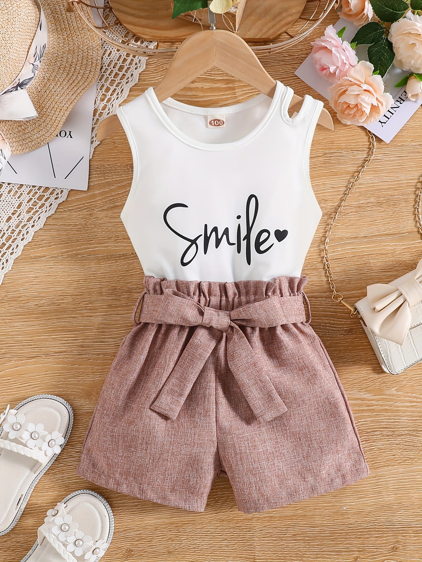 2pcs Toddler Girls Letter "Smile" And Heart Graphic Cut Out Tank Top & Paperbag Waist Belted Shorts Set Kids Summer Clothes