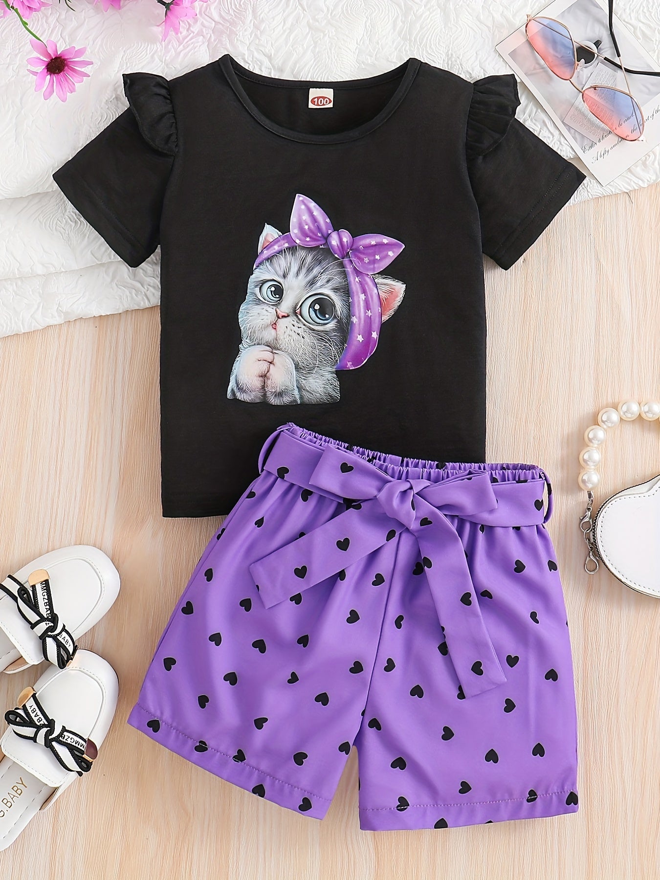 2pcs Toddler Girls Cute Cartoon Bow Cat Graphic Ruffle Trim T-Shirts Casual Round Neck Tees Top & Heart Graphic Belted Shorts Set Kids Summer Clothes