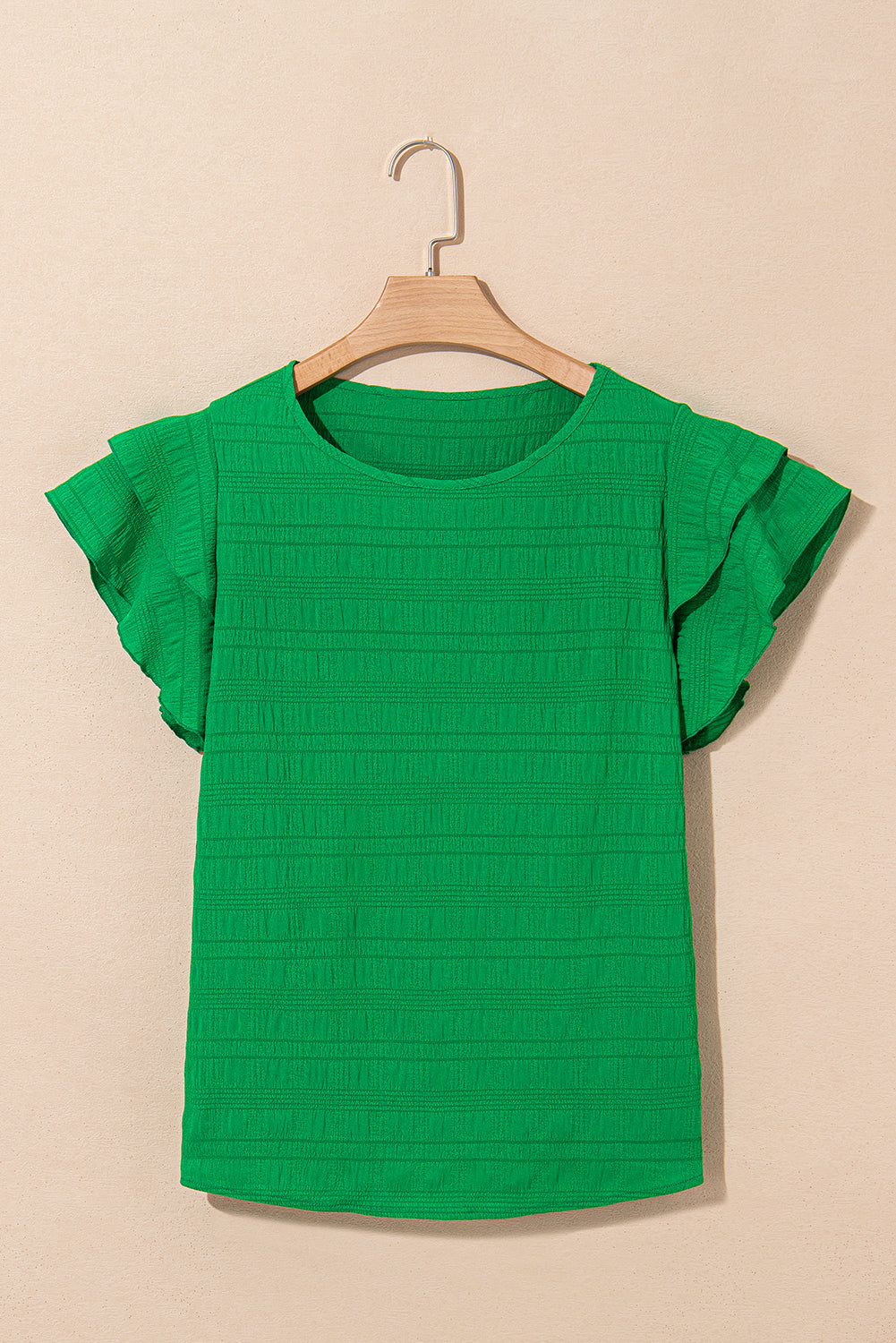 Dark Green Ruffle Sleeve Textured Smocked Blouse 