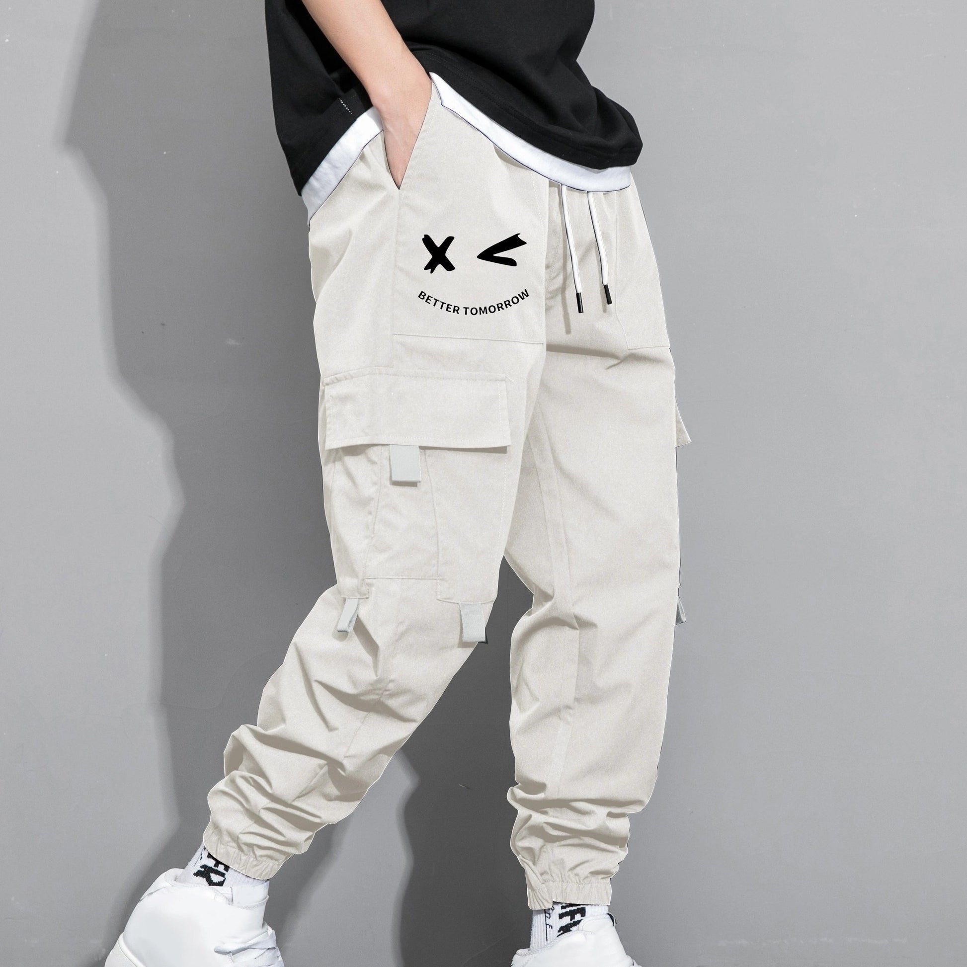 Mens Fashion-Forward Solid Cargo Pants - Abundant Flap Pockets, Loose Fit Drawstring Trousers - Durable Outdoor Work to Streetwear Hip Hop Style
