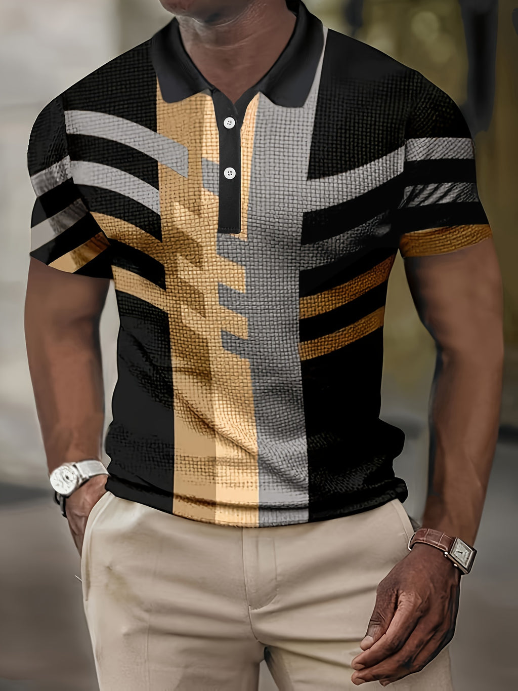 1/4 Button Short Sleeve Lapel Shirt - Stretchy, Breathable, Striped Polyester Fabric for Mens Fitness Training and Casual Wear - Spring/Fall Season, Regular Fit, Knit Fabric