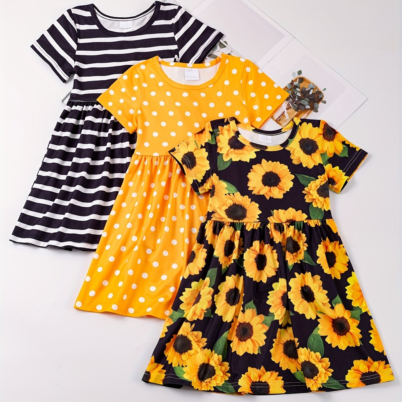 3pcs/set 3-Piece Sunflower and Polka Dot Stripe Princess Dress Set for Girls, Toddler Summer Clothes for Beach Vacation Party