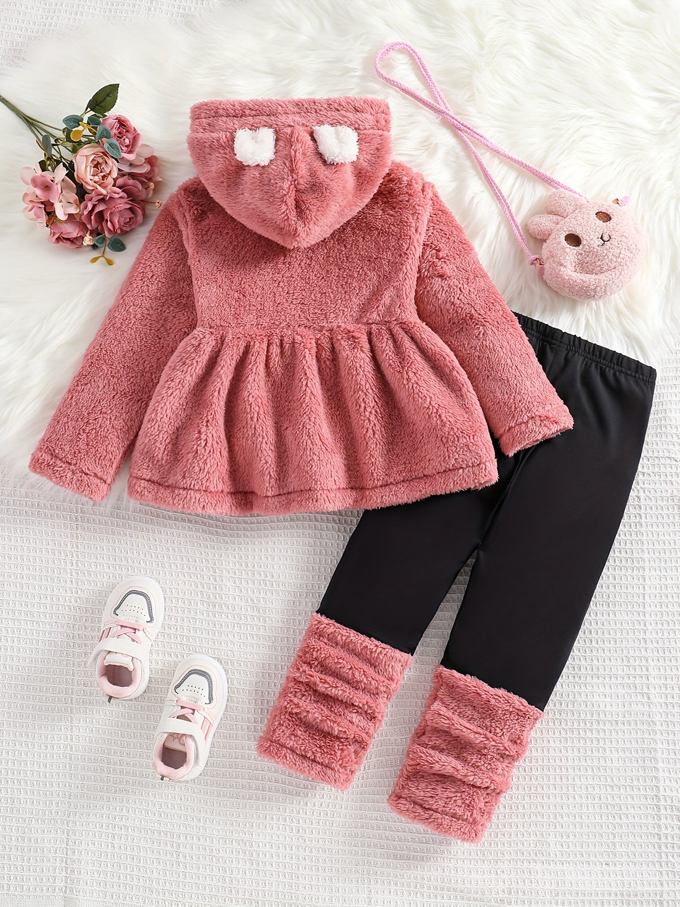 2pc Toddler Girls Double-Sided Fleece Set with Flower Embroidery Hooded Coat and Splicing Pants - Warm and Cozy Kids Clothes for Fall and Winter