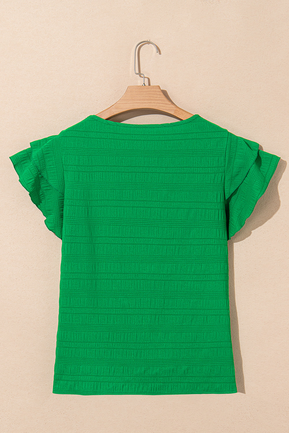 Dark Green Ruffle Sleeve Textured Smocked Blouse 