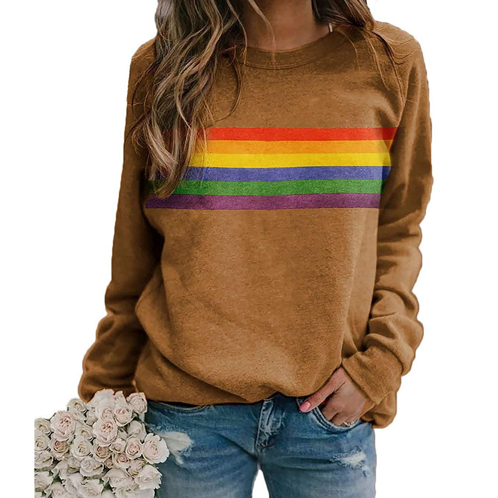 Color Striped Print Round Neck Pullover Long Sleeve Sweater 