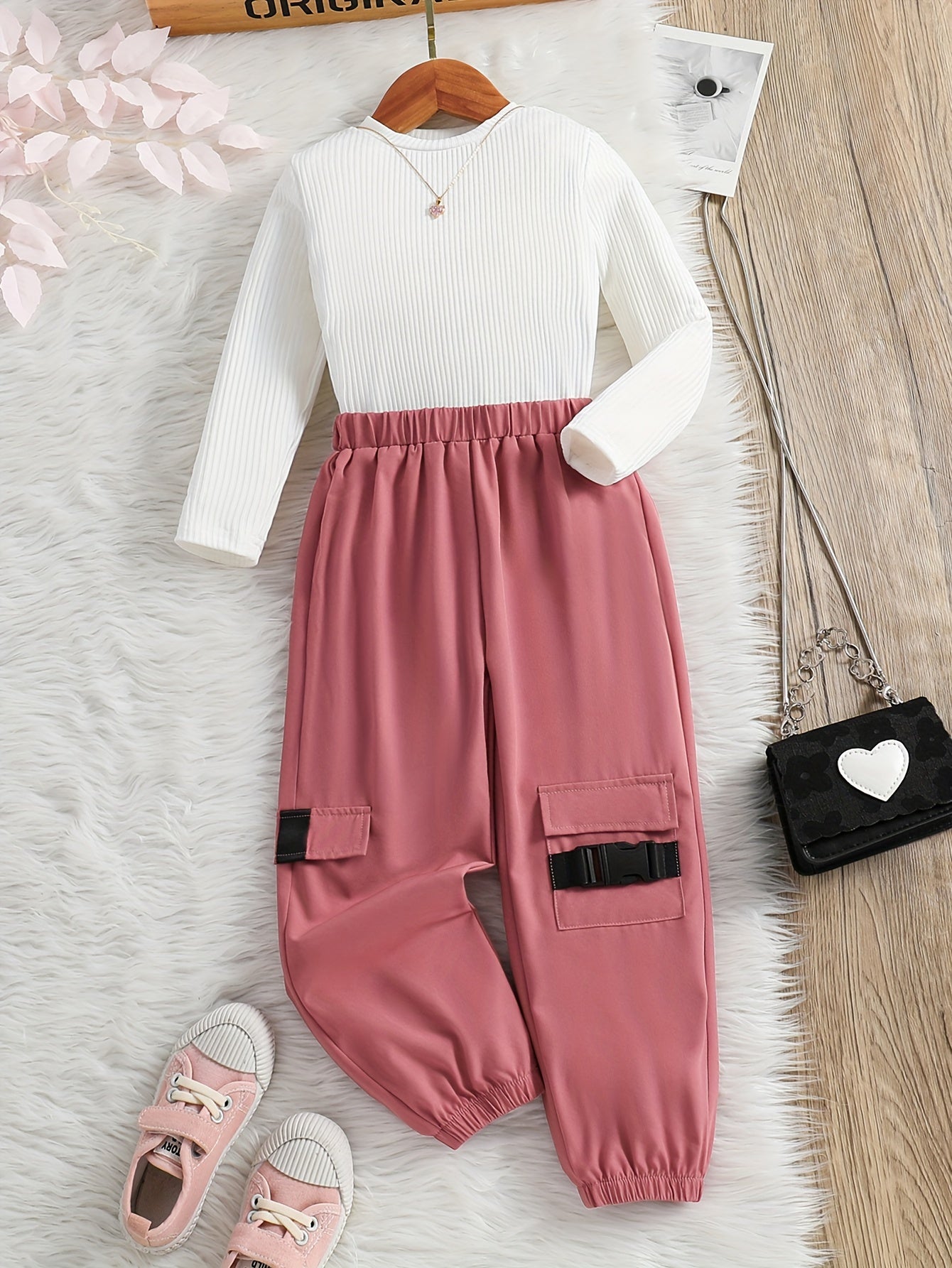 2pcs Girl's Cargo Pants Outfit, Ribbed Long Sleeve Top & Trendy Cargo Pants Set, Toddler Kid's Clothes For Spring Fall
