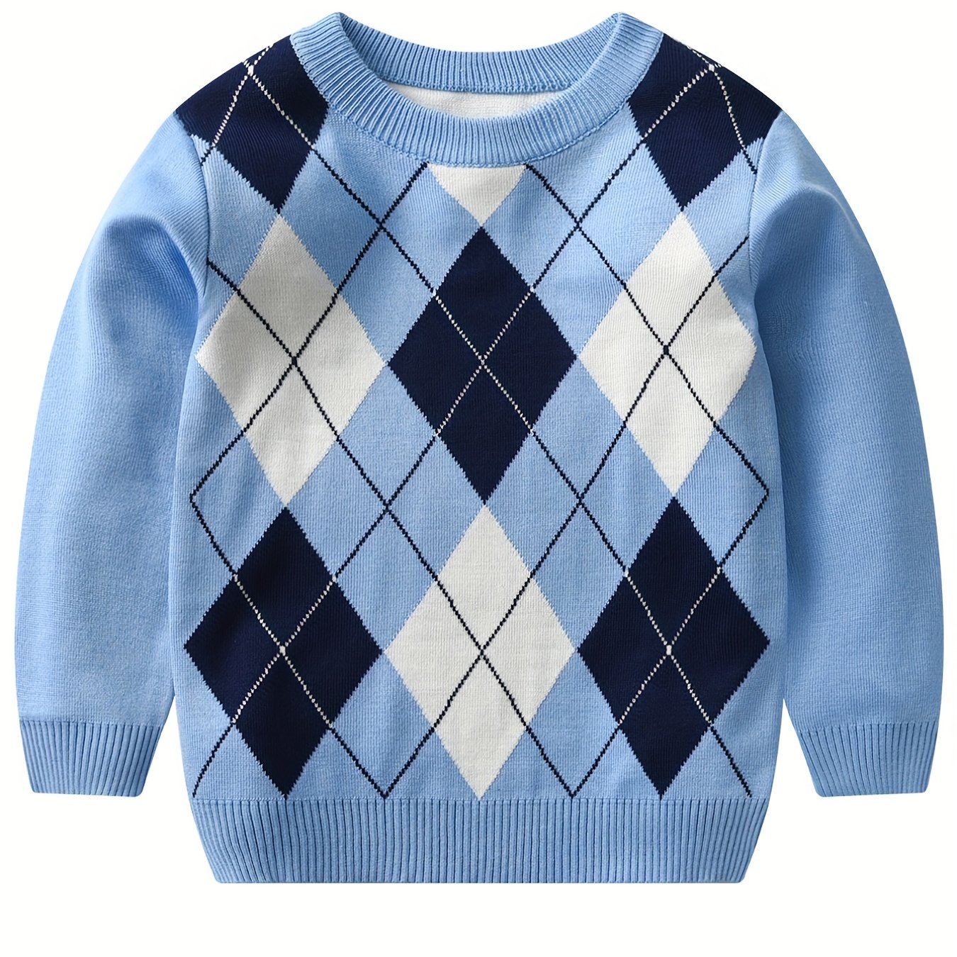 Boys Argyle Pattern Sweater Round Neck Long Sleeve Stretch Warm Knit Pullover Top Kids Clothes Outdoor