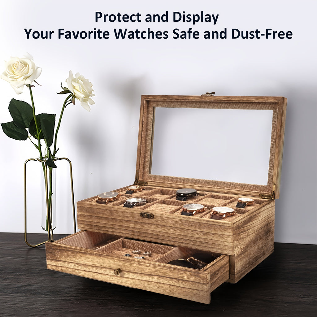 10-Slot Rustic Brown Wooden Watch Box - Large Capacity Watch Case for Men and Women, Display Organizer with Soft Velvet Interior, Perfect Gift for Boyfriend, Fathers Day, Birthday, and Anniversary