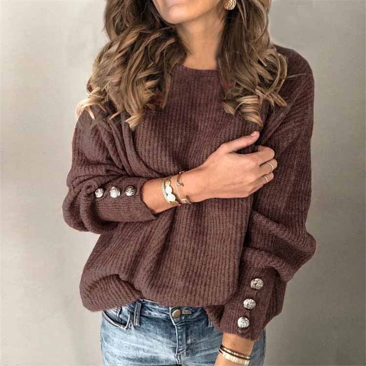Long Sleeve Round Neck Button Knit T-shirt 