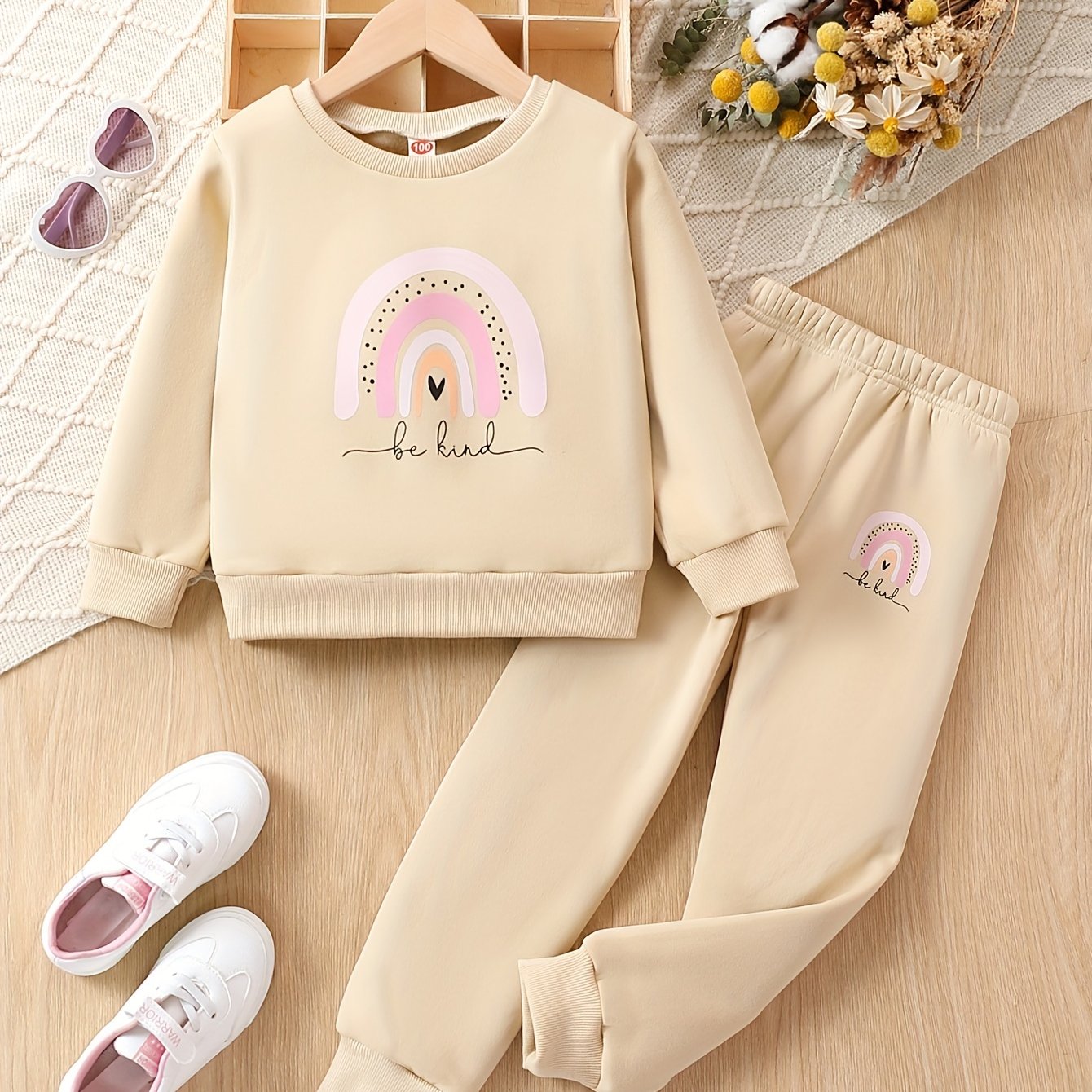 Girls 2pcs "Be Kind" And Rainbow Print Top & Jogger Pants Set, Thick Outfits Kids Clothes For Sports Spring Fall Winter