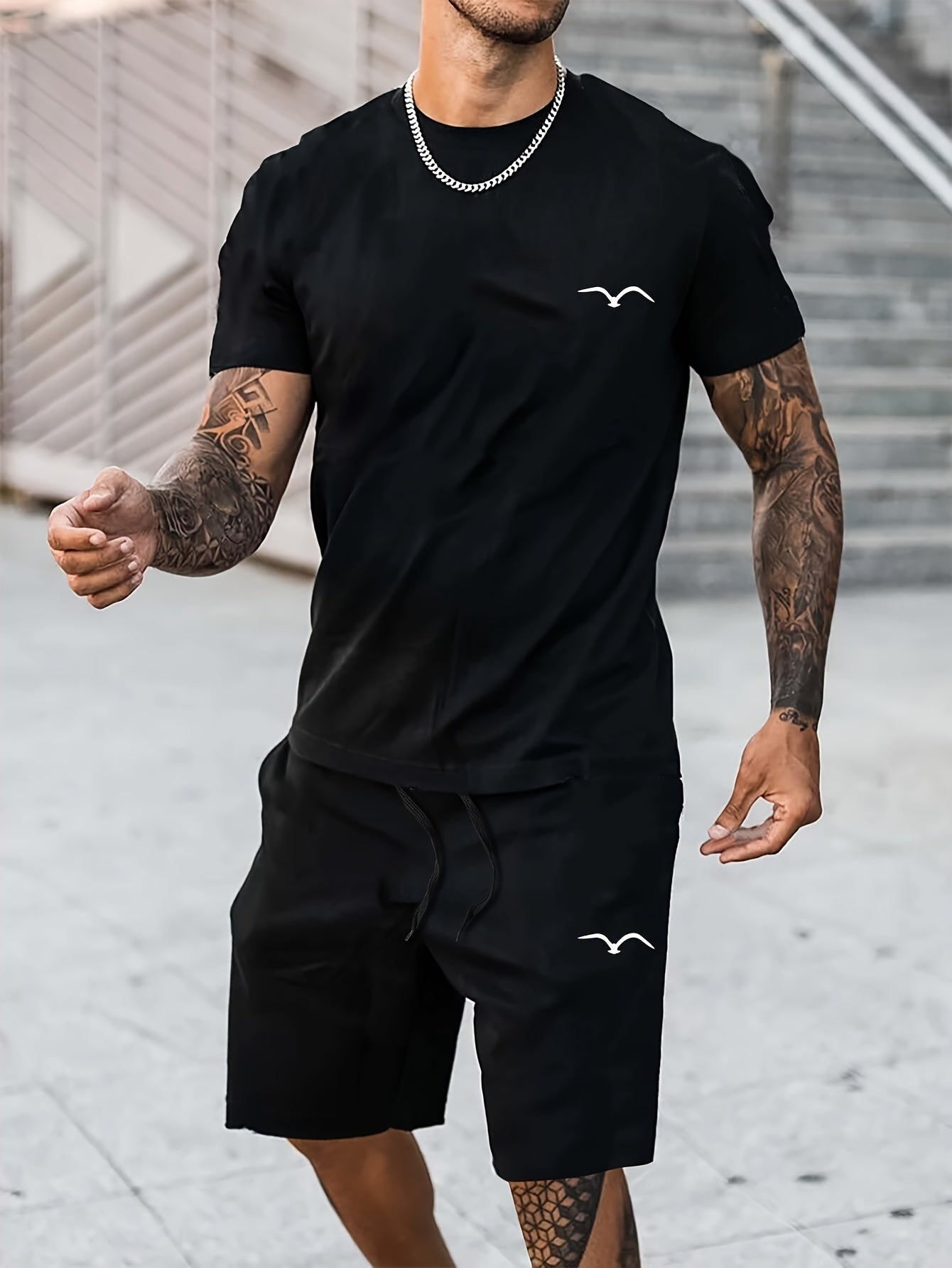 2Pcs Mens Seagull Print Loungewear Set - Fashionable Casual Crew Neck T-Shirt & Drawstring Shorts for Summer - Comfortable Short Sleeve Outfit for Lounging, Vacation, and Workout