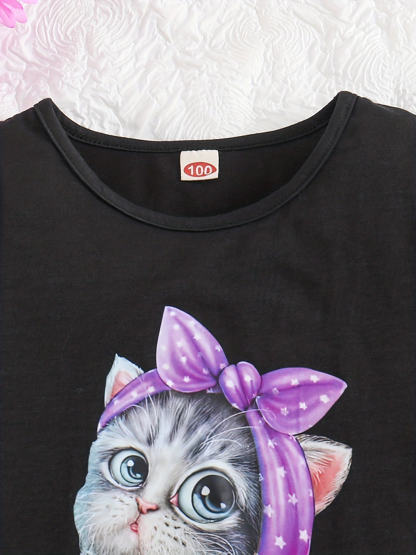 2pcs Toddler Girls Cute Cartoon Bow Cat Graphic Ruffle Trim T-Shirts Casual Round Neck Tees Top & Heart Graphic Belted Shorts Set Kids Summer Clothes