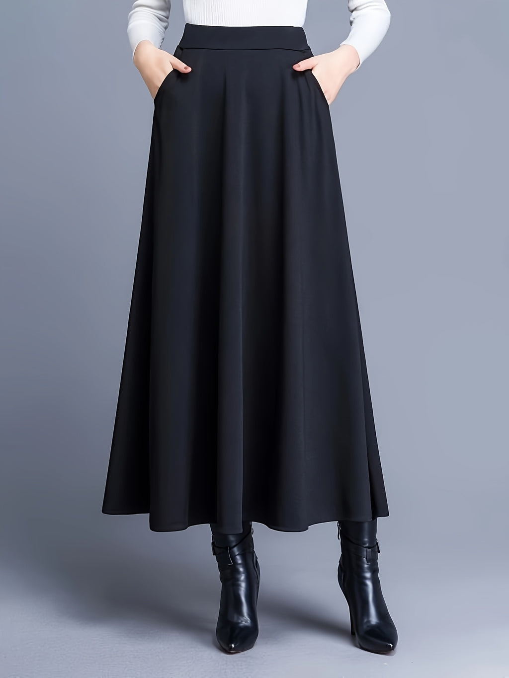 Women's Elegant Skirt, Plus Size Solid High Waist A-line Maxi Skirt With Pockets