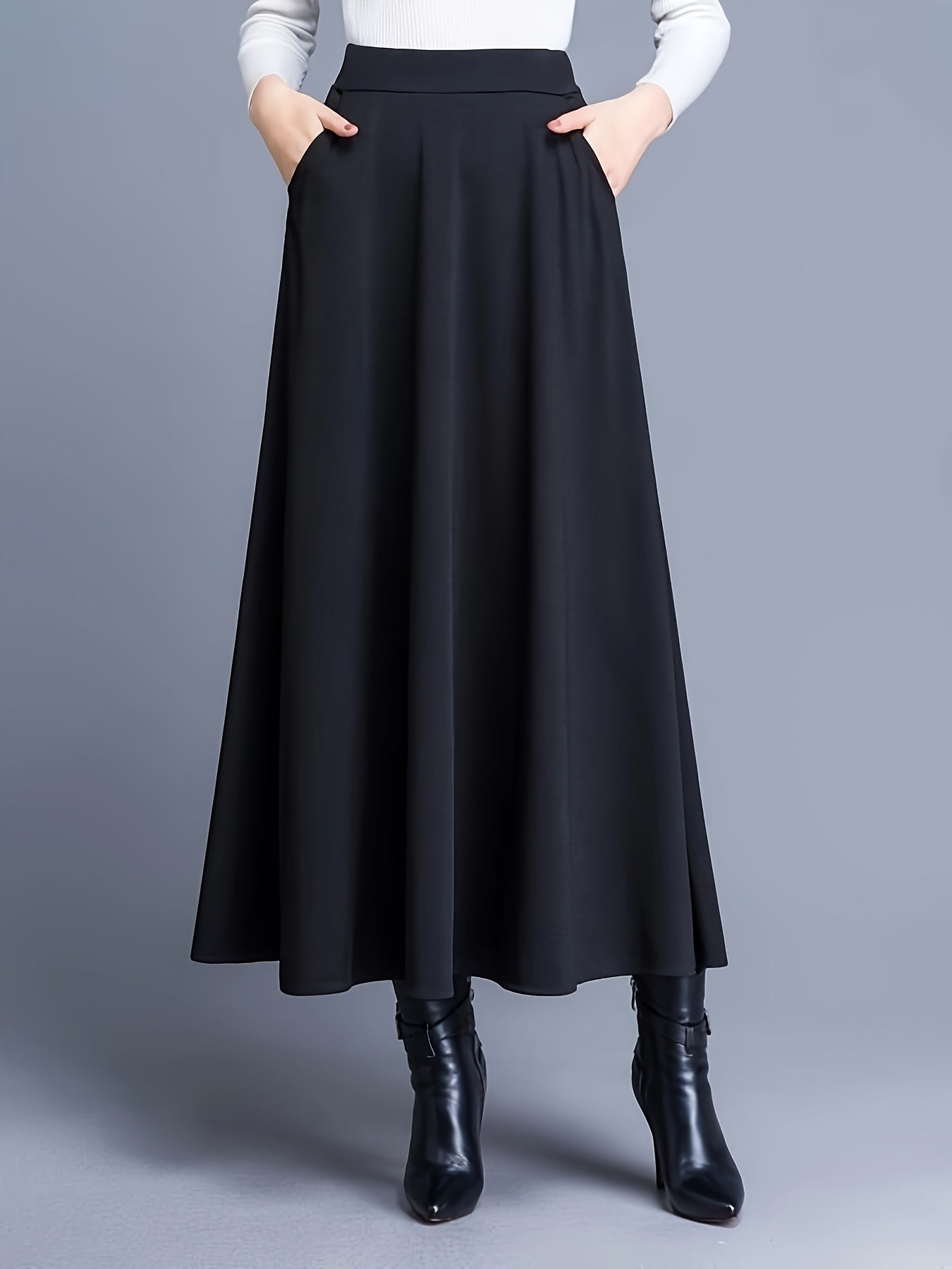 Women's Elegant Skirt, Plus Size Solid High Waist A-line Maxi Skirt With Pockets