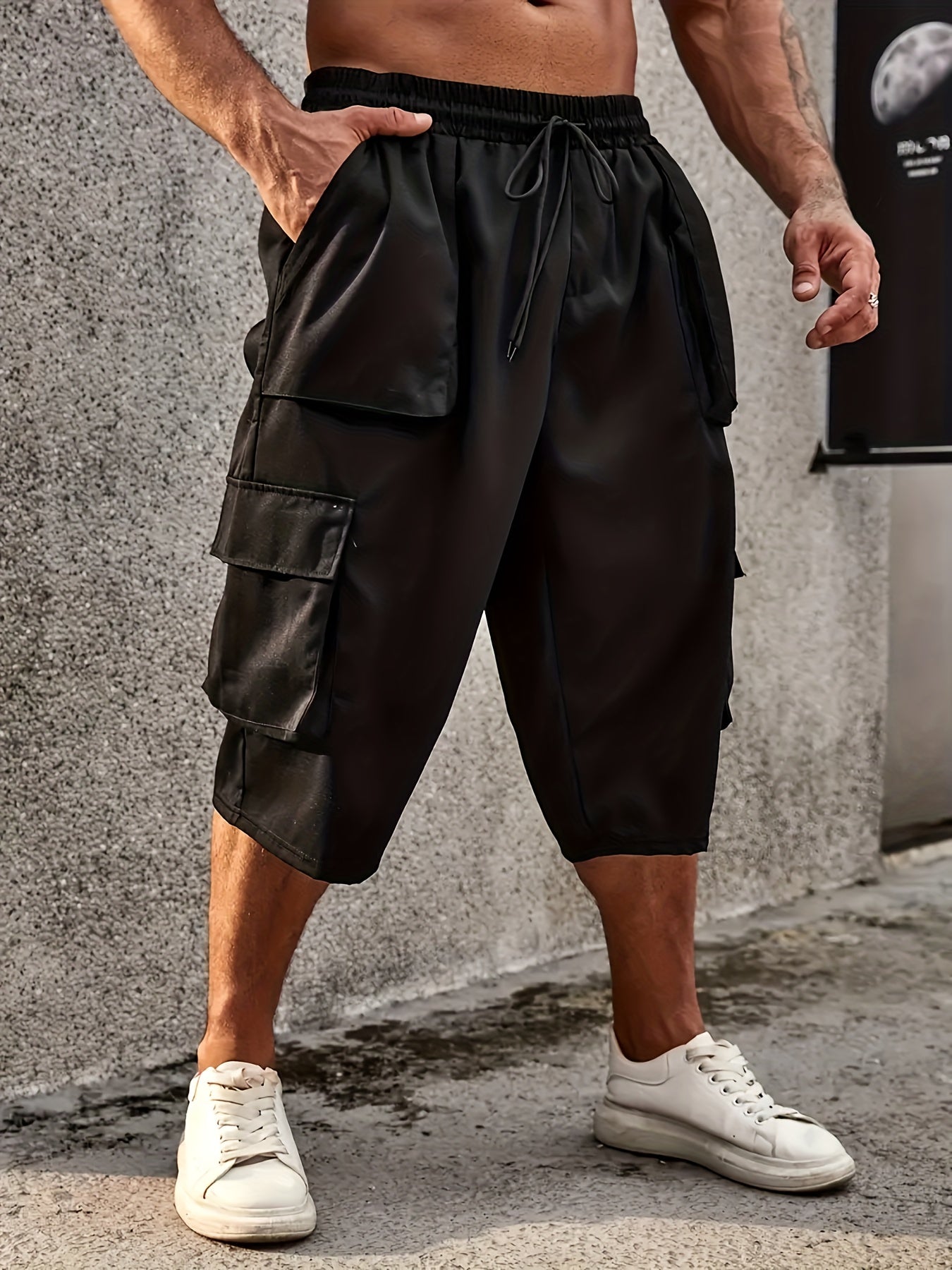 Plus Size Mens Large Casual Cargo Pants - Drawstring Waist, Loose Fit, Comfy Breathable Polyester Fabric, Multiple Pockets, Machine Washable, Solid Color, Perfect for Basketball and Everyday Wear