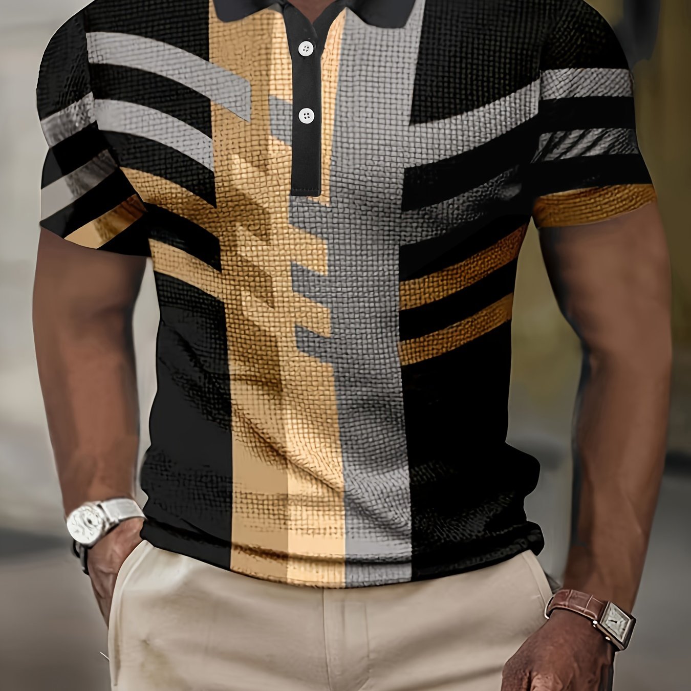 1/4 Button Short Sleeve Lapel Shirt - Stretchy, Breathable, Striped Polyester Fabric for Mens Fitness Training and Casual Wear - Spring/Fall Season, Regular Fit, Knit Fabric