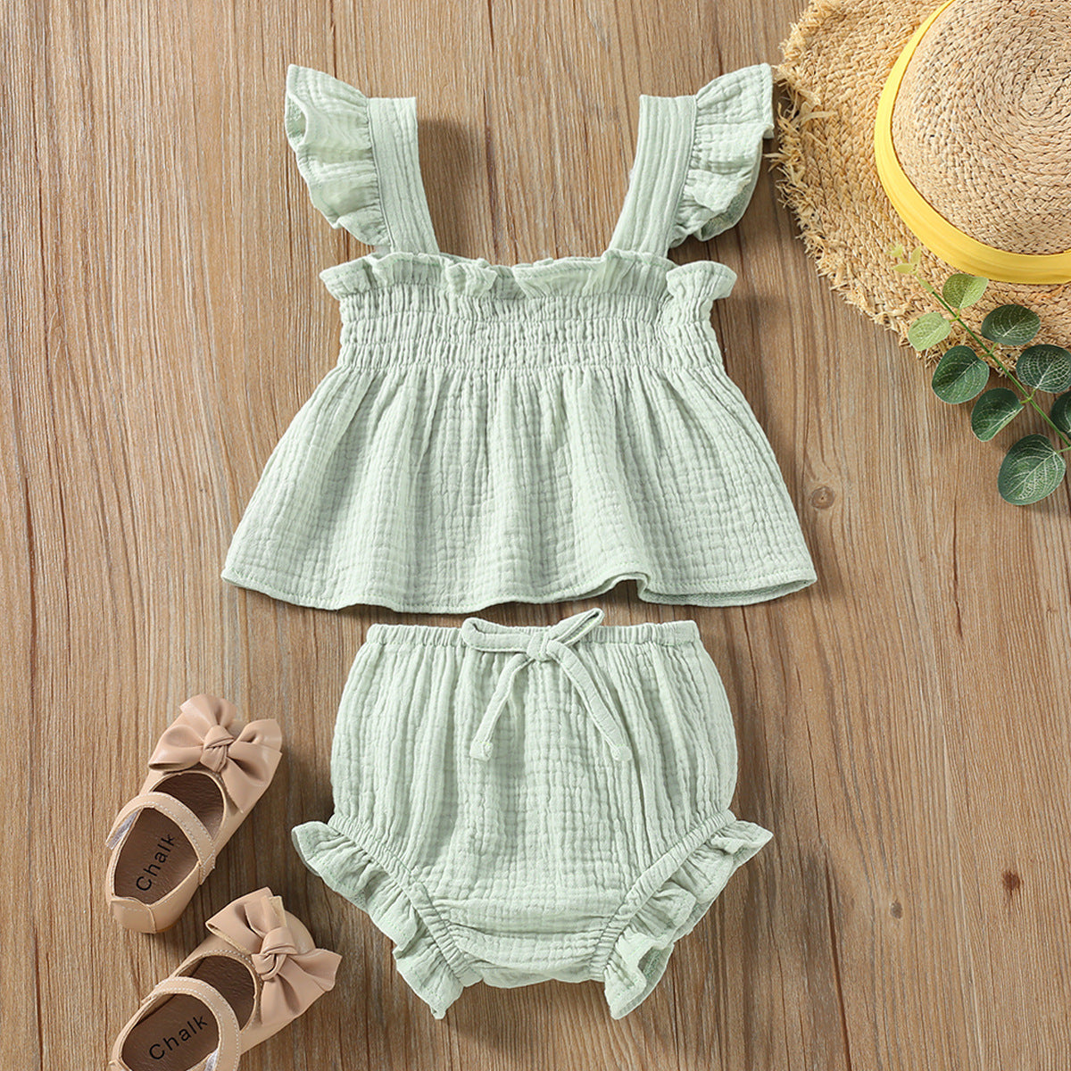 Girls' Solid Color Sling Top Hot Pants Suit 