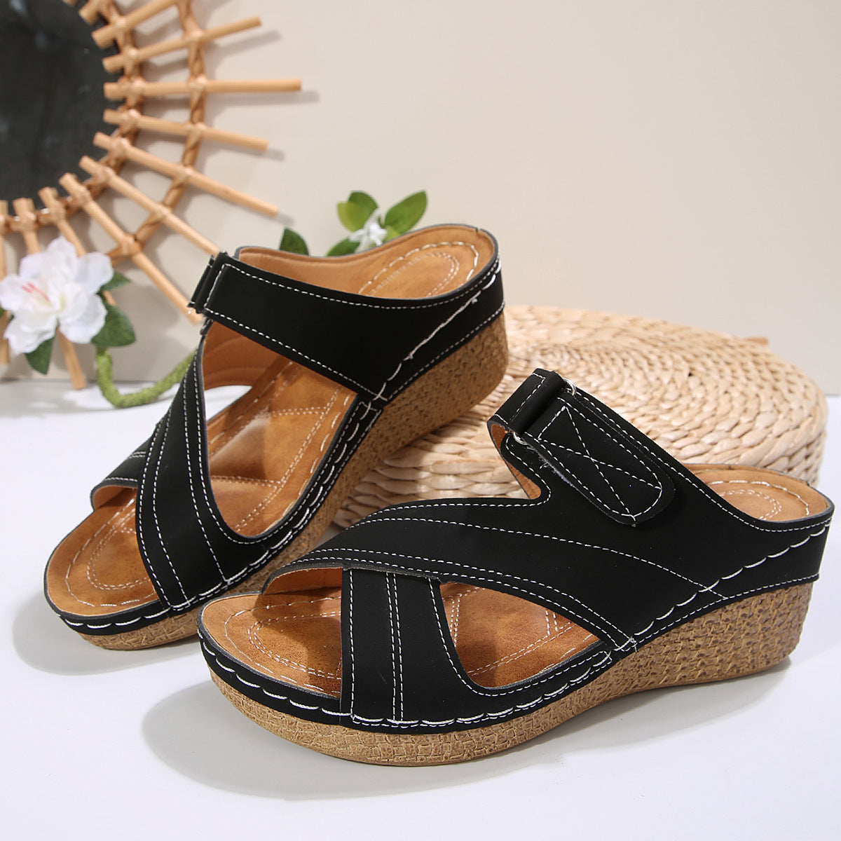 Sewing Line Lightweight Wedge Velcro Multicolor Shoes 