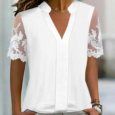 Womens Casual White V-Neck Lace Short-Sleeve Top 