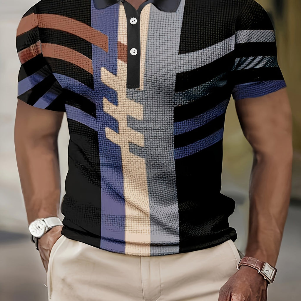 1/4 Button Short Sleeve Lapel Shirt - Stretchy, Breathable, Striped Polyester Fabric for Mens Fitness Training and Casual Wear - Spring/Fall Season, Regular Fit, Knit Fabric