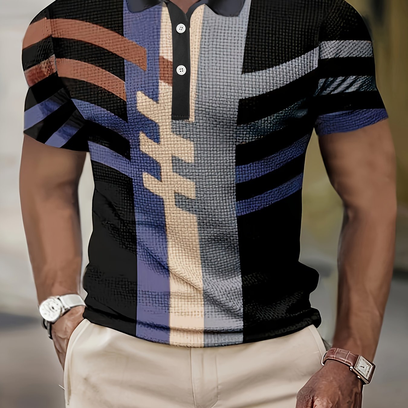 1/4 Button Short Sleeve Lapel Shirt - Stretchy, Breathable, Striped Polyester Fabric for Mens Fitness Training and Casual Wear - Spring/Fall Season, Regular Fit, Knit Fabric
