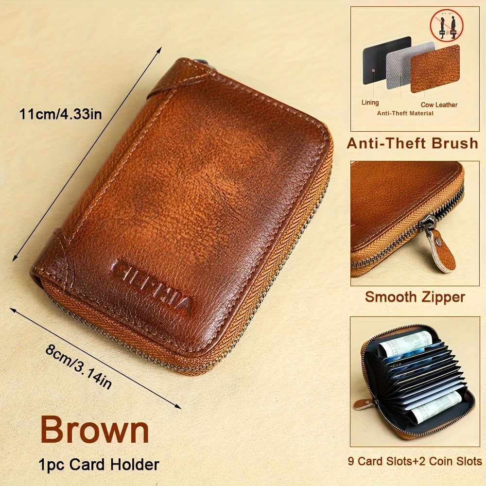 1pc CIEPHIA Card Holder or RFID Blocking Wallet for Men - Slim Minimalist Vintage Leather Wallet with Anti-Theft, Genuine Cowhide, Compact Bi/Fold Design, ID Window - Gifts for Dad, Husband, Boyfriend - RFID Protection, Durab