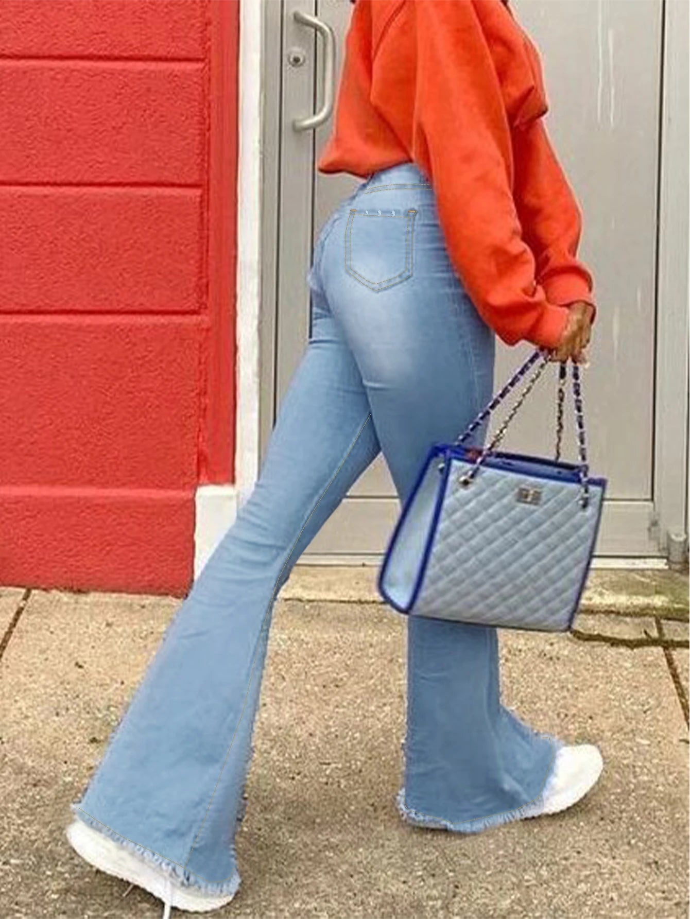 Mid Rise Light Blue Wash Bootcut Jeans with Breathable Rhinestone Rivets Studded Embroidery Manufactured in Guangzhou
